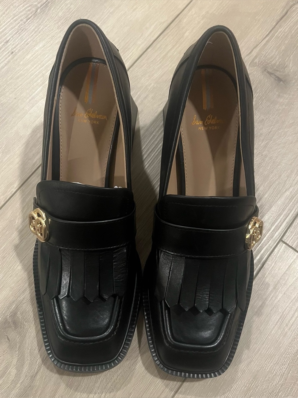 Sam Edelman Black Leather Fringe Loafer Block Heels with Gold Accent - Picture 2 of 9